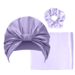 Set hodvábna obliečka 40 x 40, turban na vlasy a gumička - Levanduľa