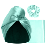 Set hodvábna obliečka 40 x 40, uterák na vlasy a gumička – Mätovo-zelená